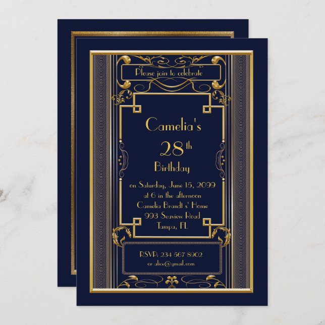Invitación a la fiesta de cumpleaños, gran Gatsby, (Anverso / Reverso)