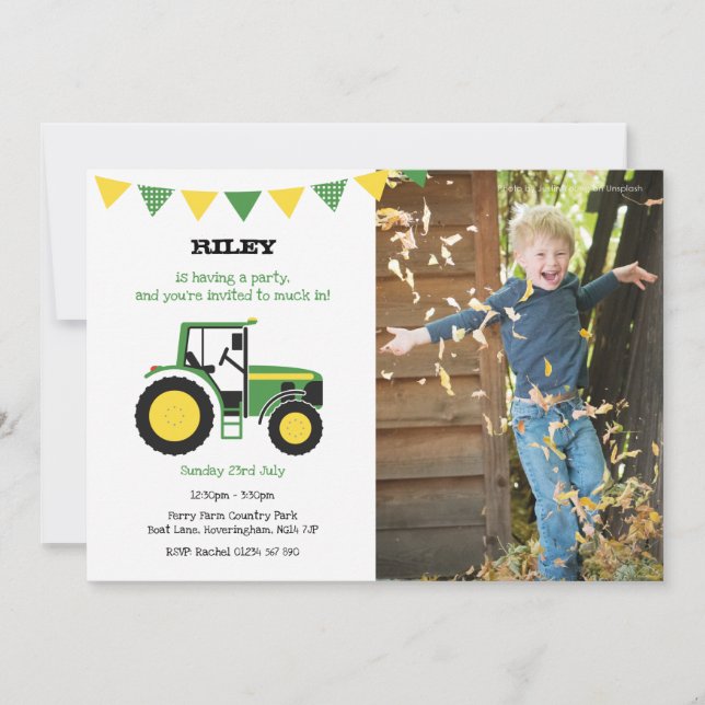 Invitación a la fiesta de cumpleaños Green Tractor (Anverso)