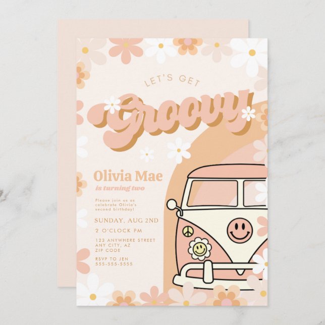 Invitación a la fiesta de cumpleaños Groovy Retro (Anverso / Reverso)