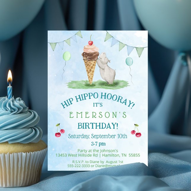 Invitación a la fiesta de cumpleaños Hip Hippo Hoo (Hip Hippo Hooray Birthday Party Invitation with cherries and Balloons)