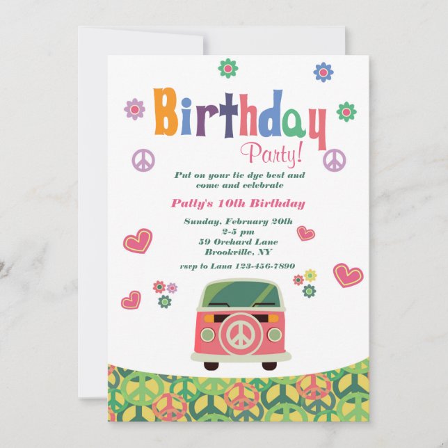 Invitación a la fiesta de cumpleaños Hippie (Anverso)