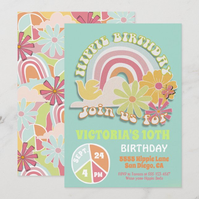 Invitación a la fiesta de cumpleaños Hippie Rainbo (Anverso / Reverso)