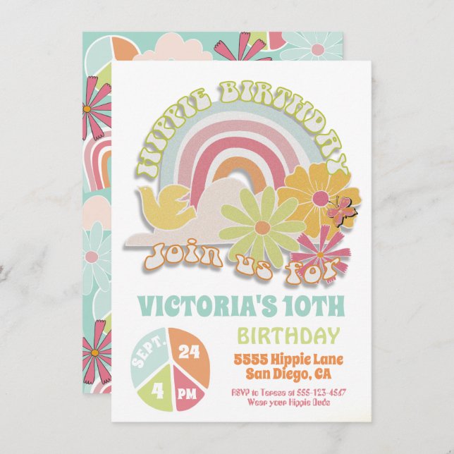 Invitación a la fiesta de cumpleaños Hippie Rainbo (Anverso / Reverso)
