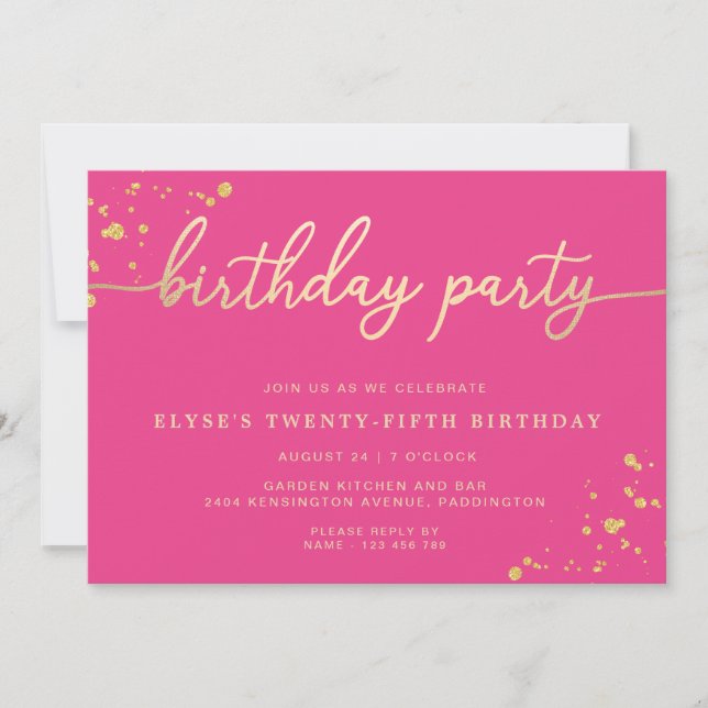 Invitación a la fiesta de cumpleaños Hot Pink Gold (Anverso)