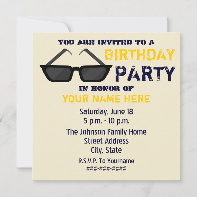 Invitación a la fiesta de cumpleaños - Lentes de s (Anverso)