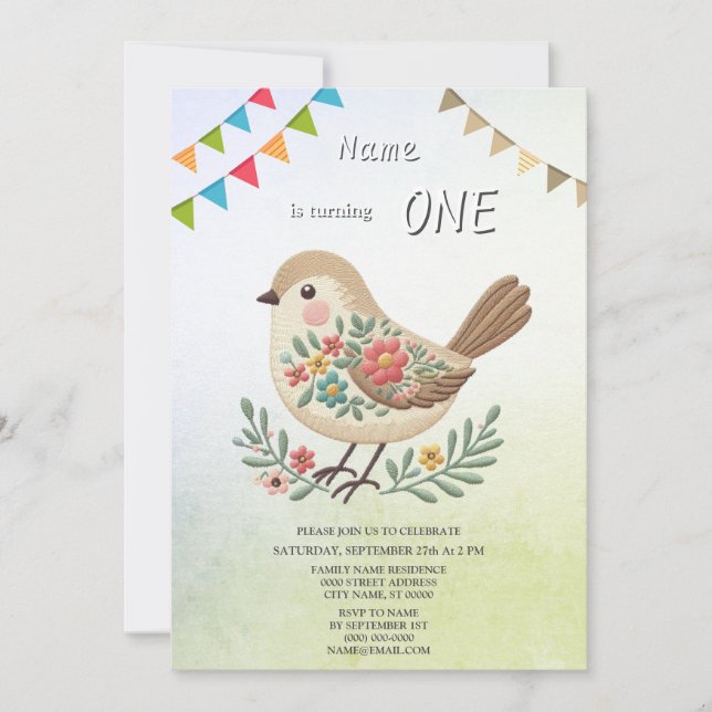 Invitación a la fiesta de cumpleaños Little Bird F (Anverso)