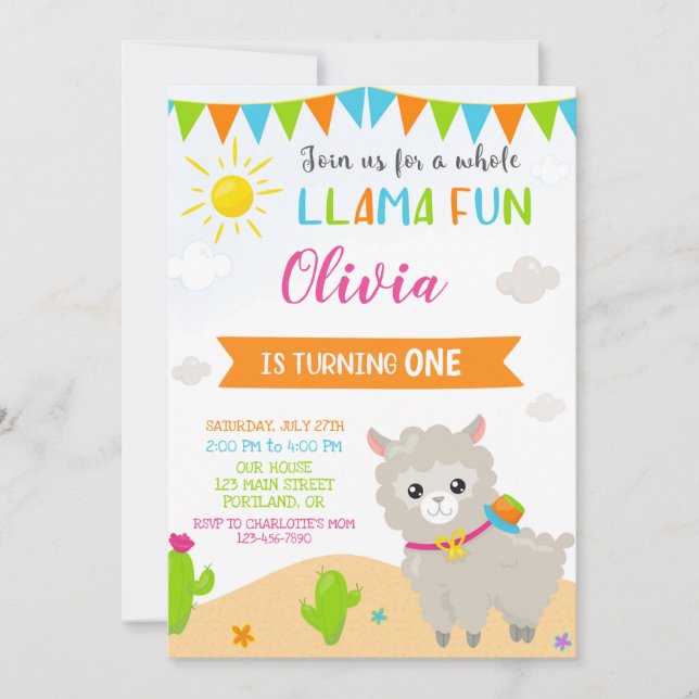 Invitación a la fiesta de cumpleaños Llama Alpaca (Anverso)