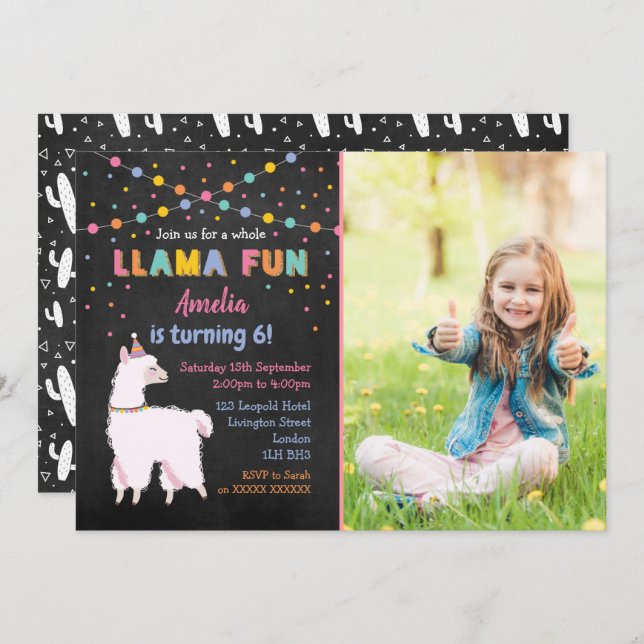 Invitación a la fiesta de cumpleaños Llama Chalk (Anverso / Reverso)