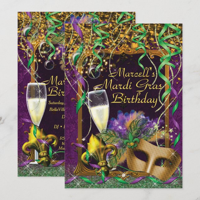 Invitación a la fiesta de cumpleaños Mens Mardi Gr (Anverso / Reverso)