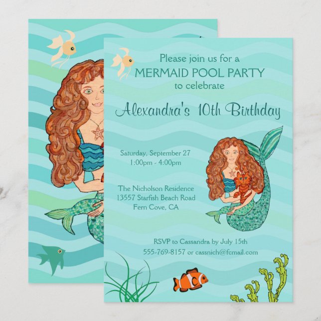 Invitación a la fiesta de cumpleaños Mermaid & Mer (Anverso / Reverso)