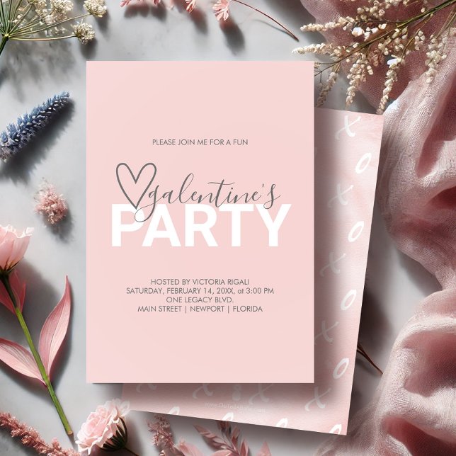 Invitación a la fiesta de cumpleaños moderna de Ru (Galentines party invitations in pink by Victoria Grigaliunas of Do Tell A Belle)