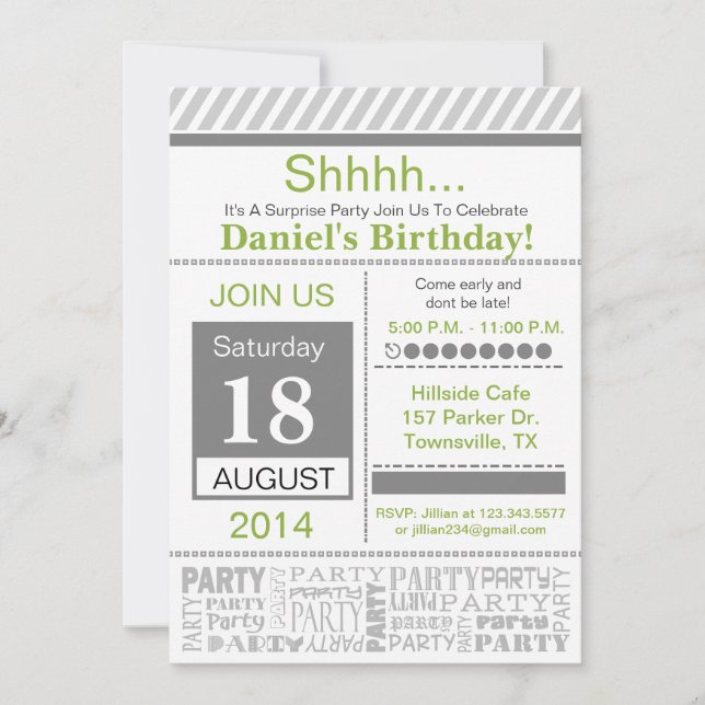 Invitación a la fiesta de cumpleaños moderna gris  (Anverso)