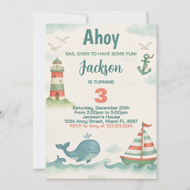 Invitación a la fiesta de cumpleaños náutica (Anverso)