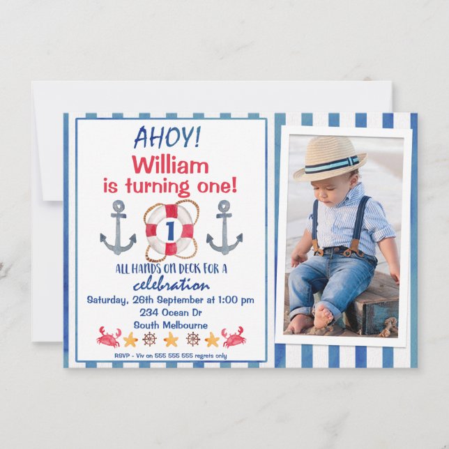 Invitación a la fiesta de cumpleaños náutica de lo (Anverso)