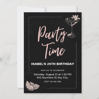 Invitación a la fiesta de cumpleaños negro y rosa