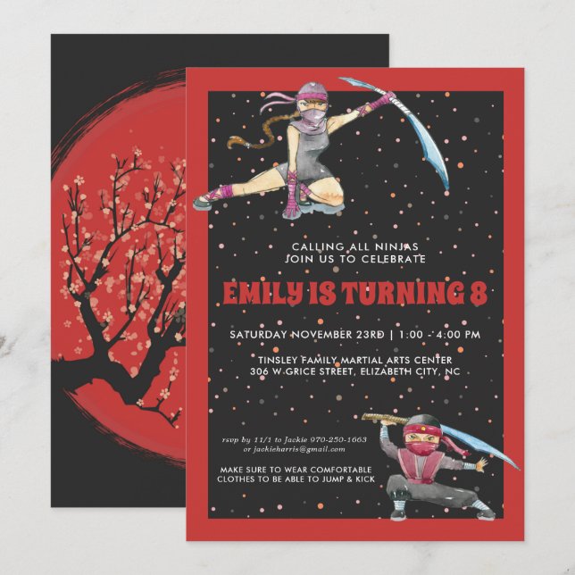 Invitación a la fiesta de cumpleaños Ninja (Anverso / Reverso)