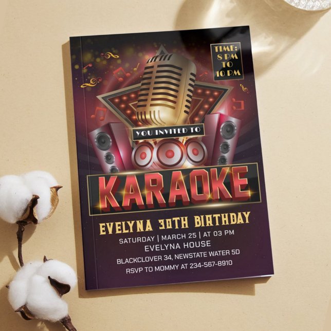 Invitación a la fiesta de cumpleaños nocturna de K (Karaoke Red Birthday Invitation)