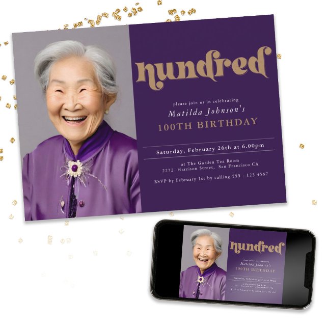 Invitación a la fiesta de cumpleaños número 100 de (Purple 100th Birthday Party Invitation)
