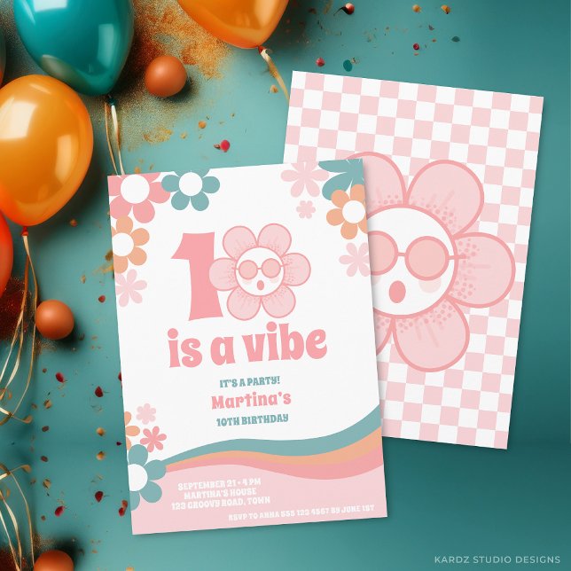 Invitación a la Fiesta de Cumpleaños número 10 de  (The front and back of the invitation are shown at 5x7-inch size. Choose size, paper, + corner style.)