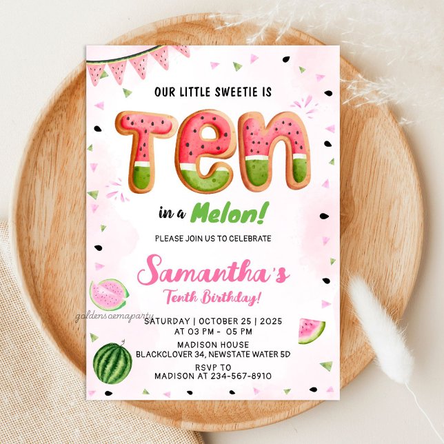 Invitación a la fiesta de cumpleaños número 10 de  (Watermelon 10th Birthday Party Invitation)