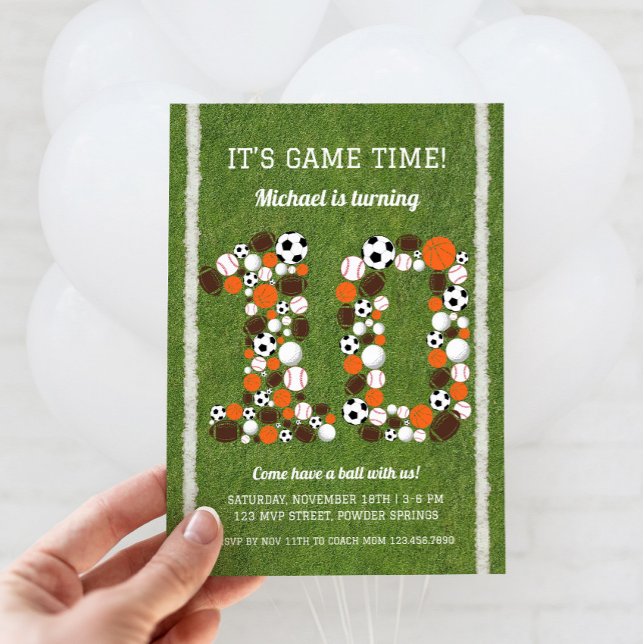 Invitación a la fiesta de cumpleaños número 10 de  (Sports 10th Birthday Invitation)
