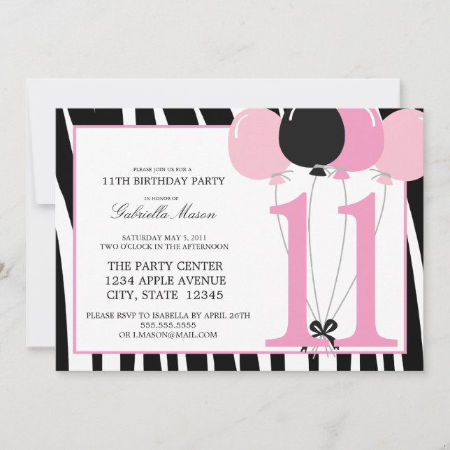 Invitación a la fiesta de cumpleaños número 11 las (Anverso)