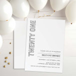 Invitación a la fiesta de cumpleaños número 21<br><div class="desc">Esta minimalista tipografía de la invitación a la fiesta de cumpleaños 21 es perfecta para una fiesta de cumpleaños moderna. El diseño es sencillo y presenta una tipografía minimalista clásica en blanco y negro con un toque moderno. Personalizable en cualquier color. Mantenga el diseño minimalista y elegante, tal como está,...</div>