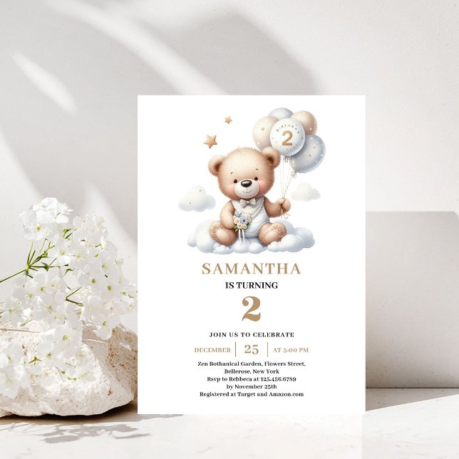 Invitación a la Fiesta de Cumpleaños número 2 Tema (2nd Birthday Party Invite Teddy Bear Gold Theme)