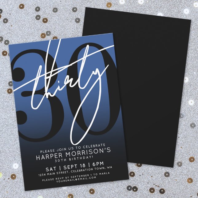 Invitación a la Fiesta de Cumpleaños número 30 Azu (Blue Black 30th Birthday Party Invitation)