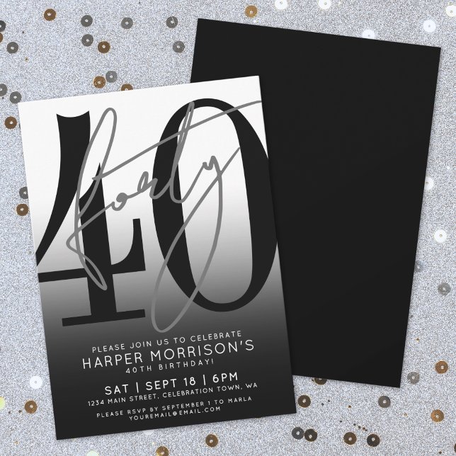 Invitación a la Fiesta de Cumpleaños número 40 de  (Black 40th Birthday Party Invitation )