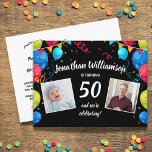 Invitación a la fiesta de cumpleaños número 50, 2<br><div class="desc">Celebra un cumpleaños histórico con esta divertida postal con 2 fotos enmarcadas en globos coloridos y ambientadas en un fondo negro. Perfecto para cualquier cumpleaños ya que puede cambiar fácilmente el año. Agregue todos los detalles de su fiesta en la parte posterior.</div>