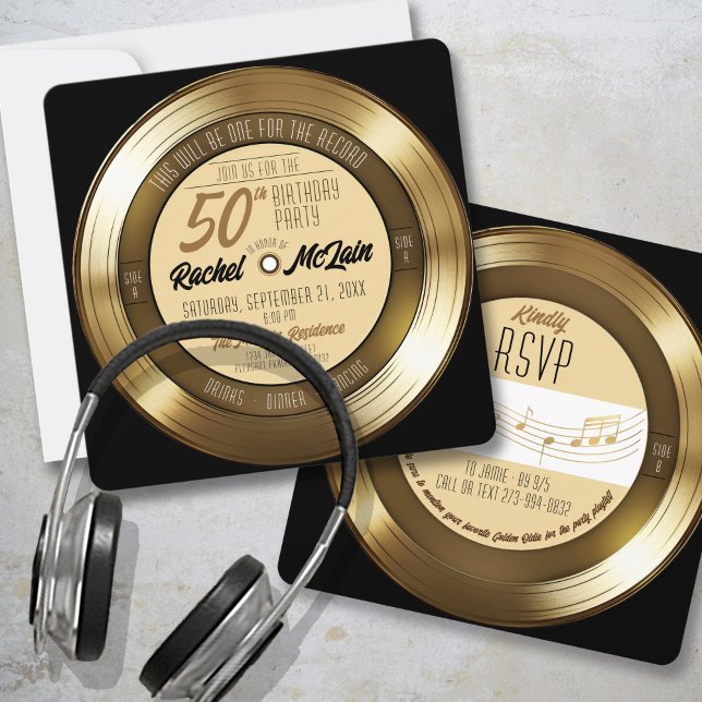 Invitación a la fiesta de cumpleaños número 50 con (Fun unique retro black and gold music record 50th birthday party celebration square invitation A B)