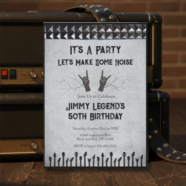 Invitación a la Fiesta de Cumpleaños número 50 del (It's a Party! Let's Make Some Noise with this Rockstar Guitarist 50th Birthday Invitation)