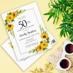 Invitación a la fiesta de cumpleaños número 50 del<br><div class="desc">Bonito floral de girasol amarillo 50 invitación de cumpleaños. Las peonías amarillas y las margaritas blancas se mezclan con los girasoles. Un marco dorado rectangular le da un ambiente elegante. Muy fácil de personalizar. La parte trasera tiene un ramo de girasol. Esto es perfecto para una celebración de cumpleaños de...</div>