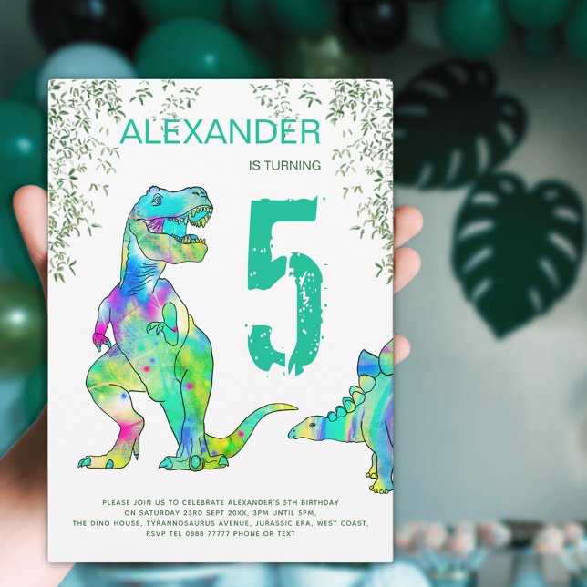 Invitación a la fiesta de cumpleaños número 5 de l (Colorful dinosaur birthday party invitation )