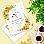 Invitación a la fiesta de cumpleaños número 60 del<br><div class="desc">Bonito floral de girasol amarillo 60 invitación de cumpleaños. Las peonías amarillas y las margaritas blancas se mezclan con los girasoles. Un marco dorado rectangular le da un ambiente elegante. Muy fácil de personalizar. La parte trasera tiene un ramo de girasol. Esto es perfecto para una celebración de cumpleaños de...</div>