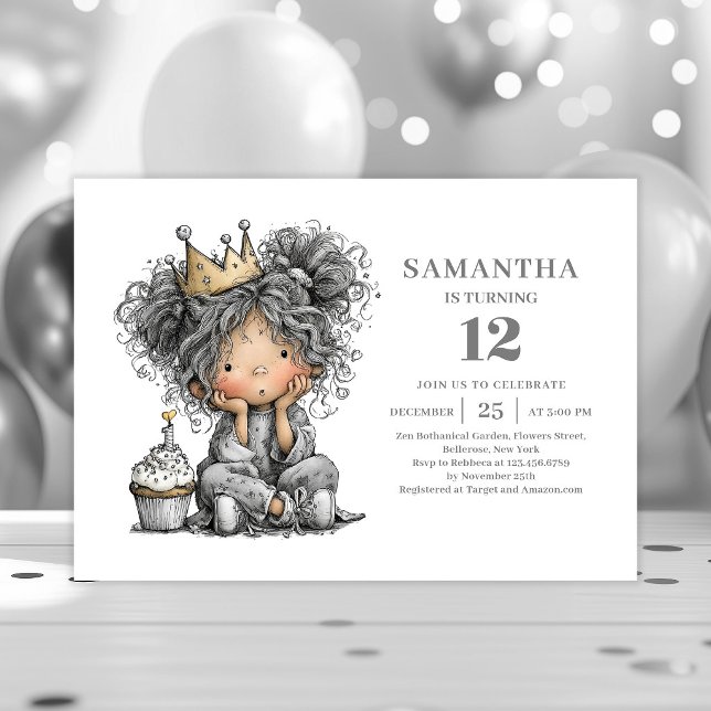 Invitación a la fiesta de cumpleaños número 6 de Q (Quirky Girl 6th Birthday Black Gold Party invitation)
