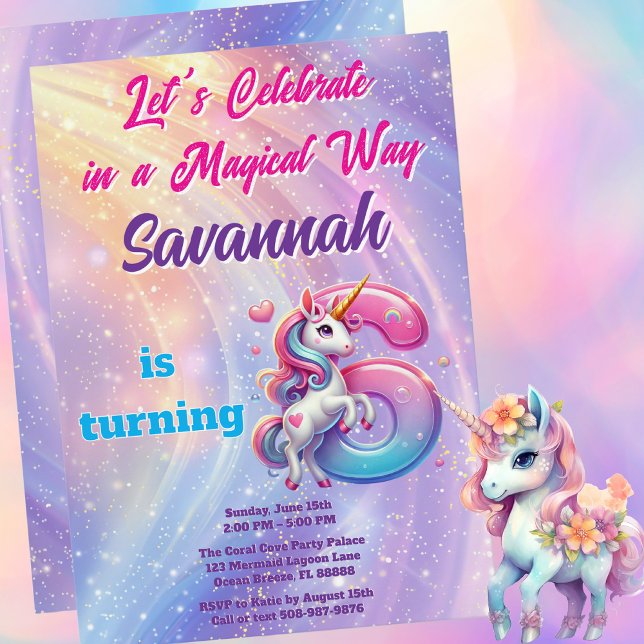 Invitación a la fiesta de cumpleaños número 6 del  (Magical Unicorn Birthday Party Invitation)