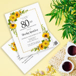 Invitación a la fiesta de cumpleaños número 80 del<br><div class="desc">tarjeta de cumpleaños 80 de flor de girasol amarillo bonito floral. Las peonías amarillas y las margaritas blancas se mezclan con los girasoles. Un marco dorado rectangular le da un ambiente elegante. Muy fácil de personalizar. La parte trasera tiene un ramo de girasol. Esto es perfecto para una celebración de...</div>