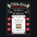 Invitación a la fiesta de cumpleaños número 90 del<br><div class="desc">A los huéspedes les encantará el tema del casino para esta invitación especial de cumpleaños número 90 para un tipo especial al que le encanta jugar. Completada con dados, fichas y la carta del rey de corazones, esta invitación de fiesta de 90 cumpleaños es fácil de personalizar rellenando la plantilla...</div>
