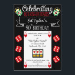 Invitación a la fiesta de cumpleaños número 90 del<br><div class="desc">A los huéspedes les encantará el tema del casino para esta invitación especial de cumpleaños número 90 para un tipo especial al que le encanta jugar. Completada con dados, fichas y la carta del rey de corazones, esta invitación de fiesta de 90 cumpleaños es fácil de personalizar rellenando la plantilla...</div>