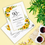 Invitación a la fiesta de cumpleaños número 90 del<br><div class="desc">tarjeta de cumpleaños 90º floral de girasol amarillo bonito. Las peonías amarillas y las margaritas blancas se mezclan con los girasoles. Un marco dorado rectangular le da un ambiente elegante. Muy fácil de personalizar. La parte trasera tiene un ramo de girasol. Esto es perfecto para una celebración de cumpleaños de...</div>