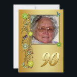 Invitación a la fiesta de cumpleaños número 90 del<br><div class="desc">Un jardín dorado con flores y mariposas talladas. Agrega una imagen para crear una invitación personal de cumpleaños.      Esta tarjeta está impresa. Copyright Norma Cornes.</div>