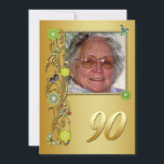 Invitación a la fiesta de cumpleaños número 90 del<br><div class="desc">Un jardín dorado con flores y mariposas talladas. Agrega una imagen para crear una invitación personal de cumpleaños.      Esta tarjeta está impresa. Copyright Norma Cornes.</div>