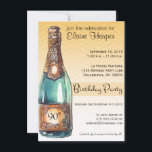 Invitación a la fiesta de cumpleaños número 90 en<br><div class="desc">Esta invitación a la fiesta de 90 años tiene un toque tradicional, a la vez que incorpora el moderno, moderno y oscuro patrón de chevron en oro y marrón con una botella vintage de champán para señalar una ocasión festiva. Puede personalizar fácilmente esta invitación de personalizable rellenando la plantilla dada....</div>