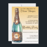 Invitación a la fiesta de cumpleaños número 90 en<br><div class="desc">Esta invitación a la fiesta de 90 años tiene un toque tradicional, a la vez que incorpora el moderno, moderno y oscuro patrón de chevron en oro y marrón con una botella vintage de champán para señalar una ocasión festiva. Puede personalizar fácilmente esta invitación de personalizable rellenando la plantilla dada....</div>