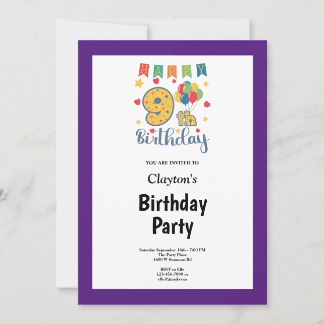 Invitación a la fiesta de cumpleaños número 9 con  (Anverso)