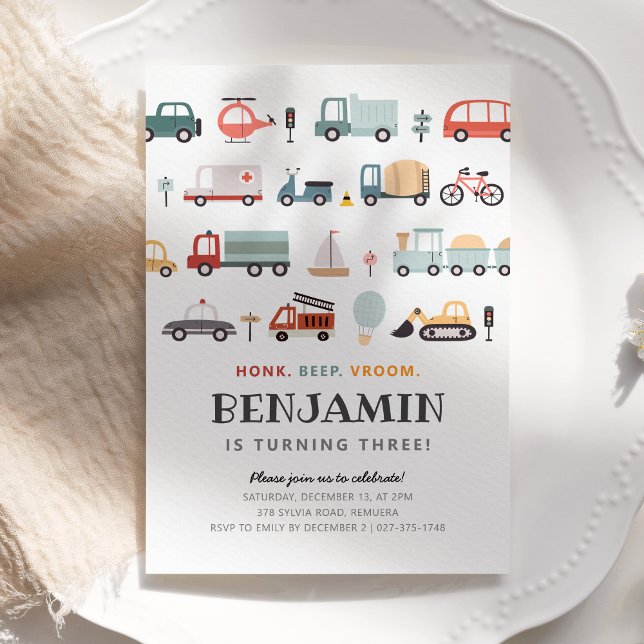 Invitación a la fiesta de cumpleaños para el trans (Modern transportation birthday invitation)