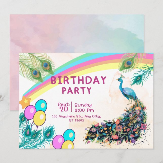Invitación a la fiesta de cumpleaños Peacock (Anverso / Reverso)