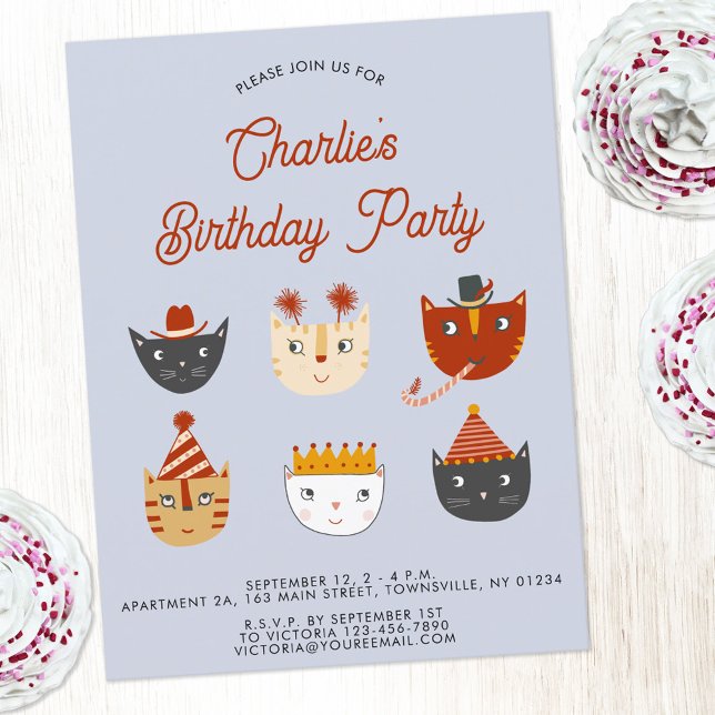 Invitación a la fiesta de cumpleaños personalizada (Fun kitty cat themed birthday party invitation postcard with custom text)